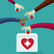 Medical support donation. People throw hearts into a donation box